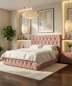 Pat Tapitat Iris Roz Catifea Premium Cu Noptiere Tapitate