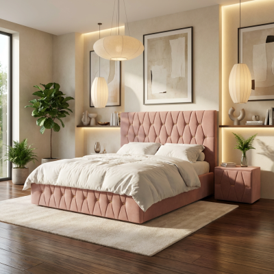 Pat Tapitat Iris Roz Catifea Premium Cu Noptiere Tapitate