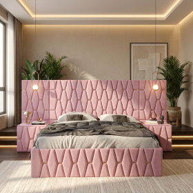 Pat Tapitat Iris Roz Cu Extensii Si Noptiere Tapitate