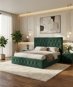 Pat Tapitat Iris Verde Catifea Premium cu Noptiere Tapitate