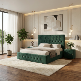 Pat Tapitat Iris Verde Catifea Premium cu Noptiere Tapitate