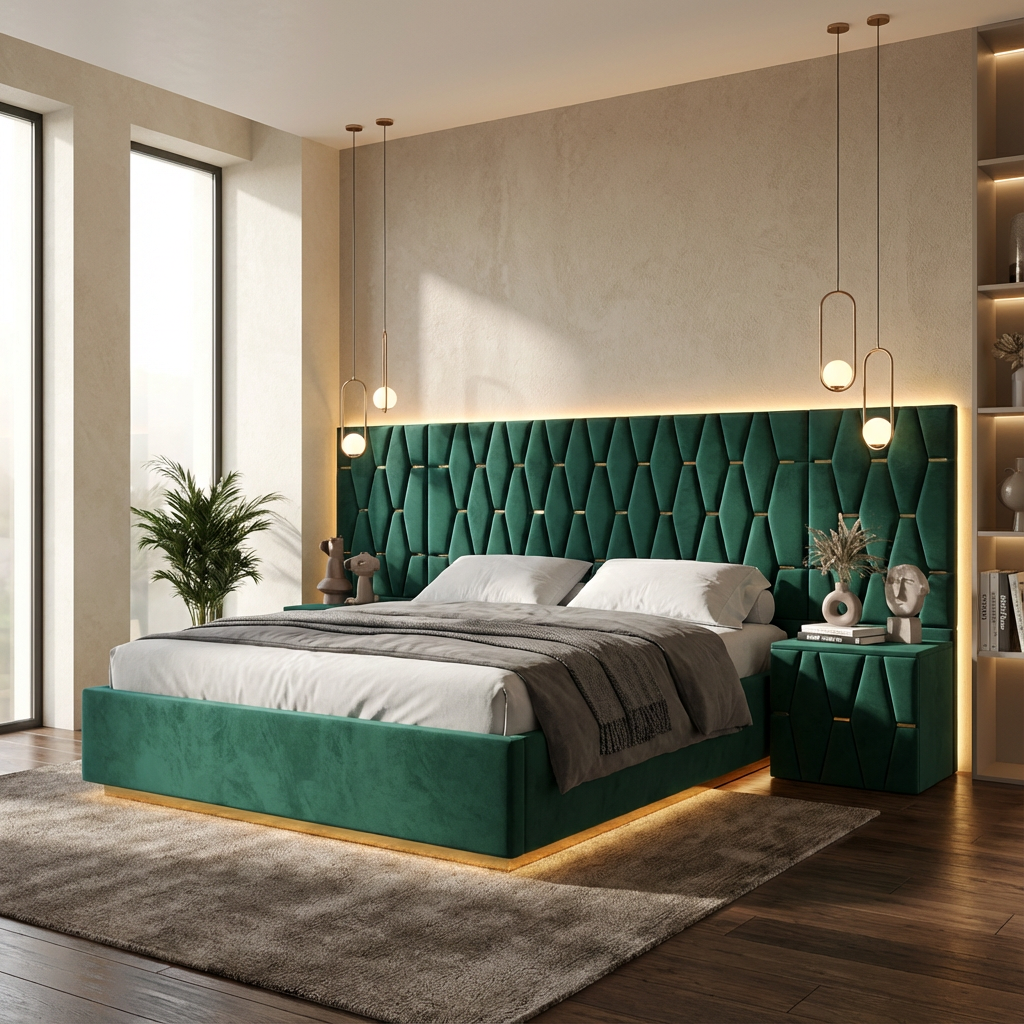 Pat Tapitat Iris Verde Cu Extensii Si Noptiere Tapitate