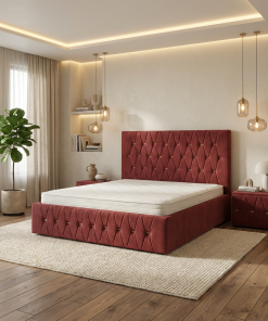 Pat Tapitat Iris Visiniu Catifea Premium Cu Noptiere Tapitate