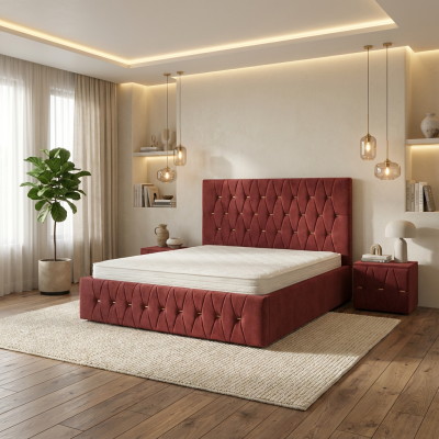 Pat Tapitat Iris Visiniu Catifea Premium Cu Noptiere Tapitate