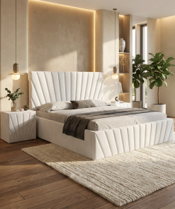 Pat Tapitat Leon Alb Catifea Premium Cu Noptiere Tapitate