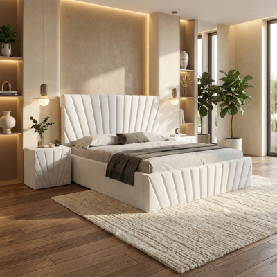 Pat Tapitat Leon Alb Catifea Premium Cu Noptiere Tapitate