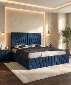 Pat Tapitat Leon Albastru Catifea Premium Cu Noptiere Tapitate