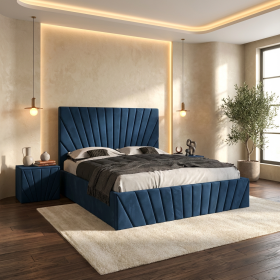Pat Tapitat Leon Albastru Catifea Premium Cu Noptiere Tapitate