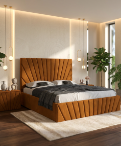 Pat Tapitat Leon Caramiziu Catifea Premium Cu Noptiere Tapitate