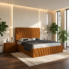 Pat Tapitat Leon Caramiziu Catifea Premium Cu Noptiere Tapitate