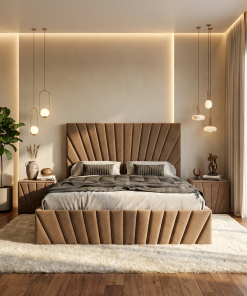 Pat Tapitat Leon Crem Catifea Premium Cu Noptiere Tapitate