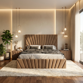 Pat Tapitat Leon Crem Catifea Premium Cu Noptiere Tapitate