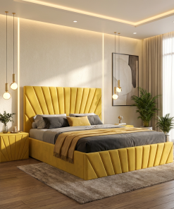 Pat Tapitat Leon Galben Catifea Premium Cu Noptiere Tapitate