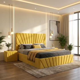 Pat Tapitat Leon Galben Catifea Premium Cu Noptiere Tapitate