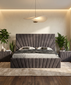 Pat Tapitat Leon Gri Catifea Premium Cu Noptiere Tapitate