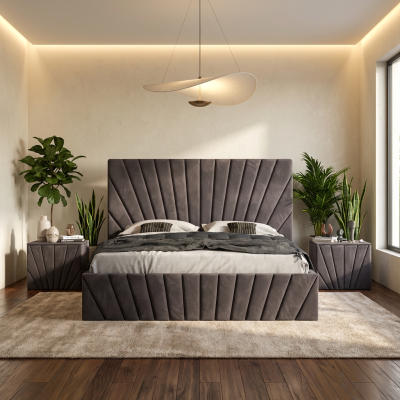 Pat Tapitat Leon Gri Catifea Premium Cu Noptiere Tapitate