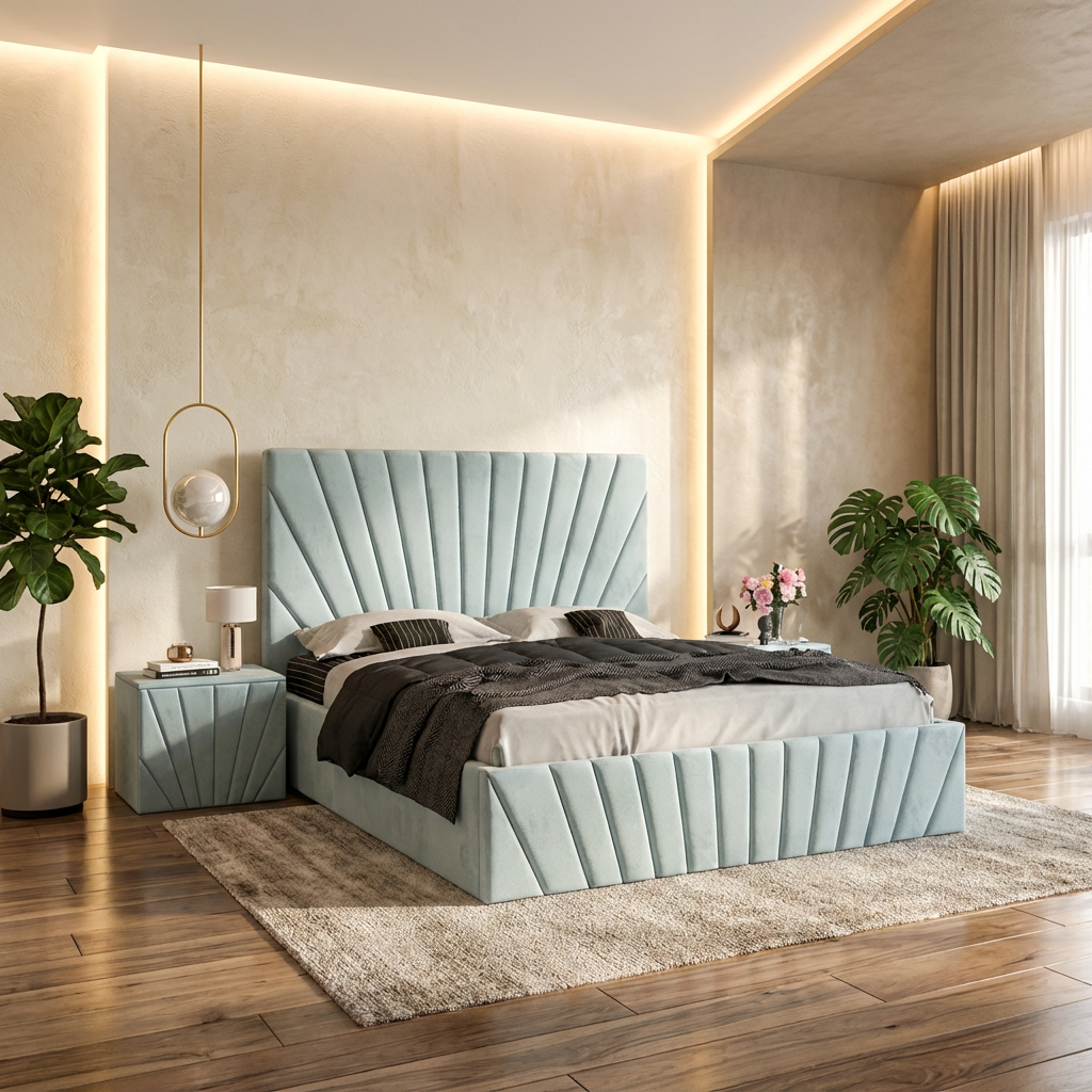 Pat Tapitat Leon Lemon Catifea Premium Cu Noptiere Tapitate