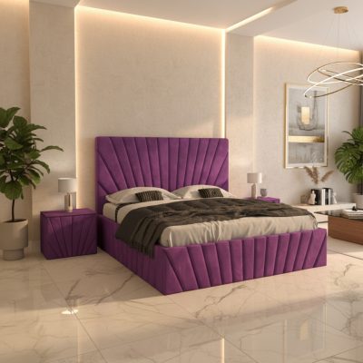 Pat Tapitat Leon Mov Catifea Premium Cu Noptiere Tapitate