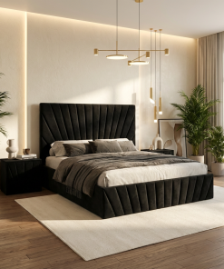 Pat Tapitat Leon Negru Catifea Premium Cu Noptiere Tapitate