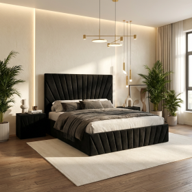 Pat Tapitat Leon Negru Catifea Premium Cu Noptiere Tapitate