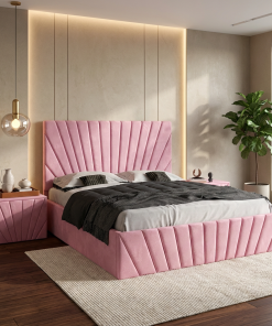 Pat Tapitat Leon Roz Catifea Premium Cu Noptiere Tapitate