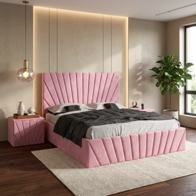 Pat Tapitat Leon Roz Catifea Premium Cu Noptiere Tapitate