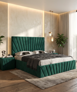 Pat Tapitat Leon Verde Catifea Premium Cu Noptiere Tapitate