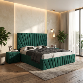 Pat Tapitat Leon Verde Catifea Premium Cu Noptiere Tapitate