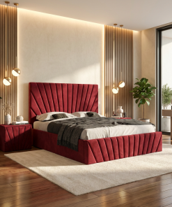 Pat Tapitat Leon Visiniu Catifea Premium Cu Noptiere Tapitate