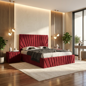 Pat Tapitat Leon Visiniu Catifea Premium Cu Noptiere Tapitate