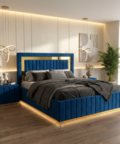 Pat Tapitat Loris Albastru Catifea Premium si Noptiere Tapitate