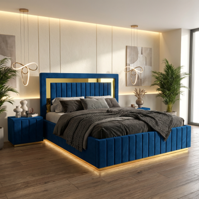 Pat Tapitat Loris Albastru Catifea Premium si Noptiere Tapitate