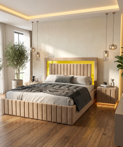 Pat Tapitat Loris Crem Catifea Premium cu Noptiere Tapitate