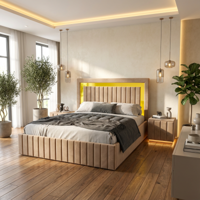 Pat Tapitat Loris Crem Catifea Premium cu Noptiere Tapitate