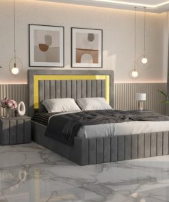 Pat Tapitat Loris Gri Catifea Premium cu Noptiere Tapitate