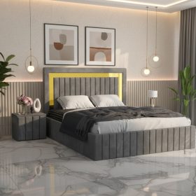 Pat Tapitat Loris Gri Catifea Premium cu Noptiere Tapitate