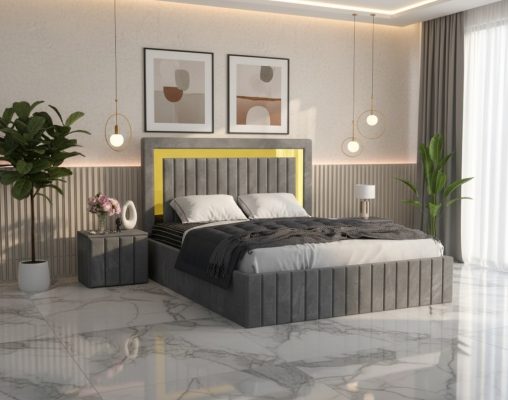 Pat Tapitat Loris Gri Catifea Premium cu Noptiere Tapitate