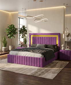 Pat Tapitat Loris Mov Catifea Premium cu Noptiere Tapitate