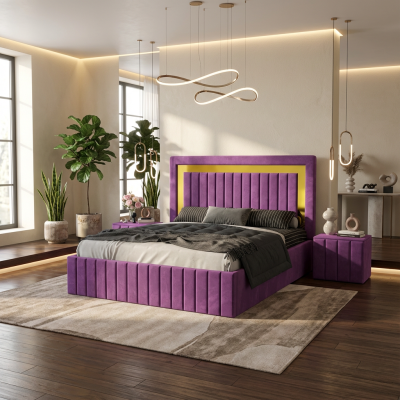 Pat Tapitat Loris Mov Catifea Premium cu Noptiere Tapitate