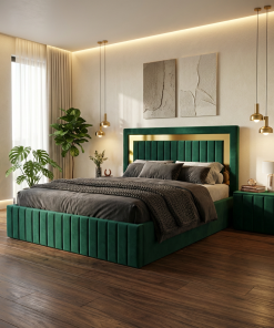 Pat Tapitat Loris Verde Catifea Premium cu Noptiere Tapitate