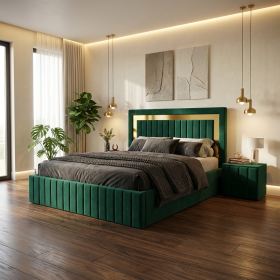 Pat Tapitat Loris Verde Catifea Premium cu Noptiere Tapitate