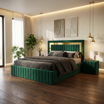 Pat Tapitat Loris Verde Catifea Premium cu Noptiere Tapitate