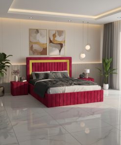 Pat Tapitat Loris Visiniu Catifea Premium cu Noptiere Tapitate