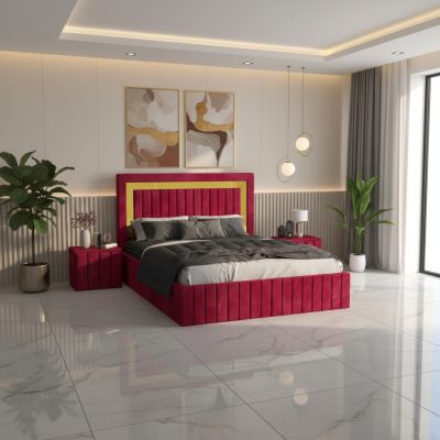 Pat Tapitat Loris Visiniu Catifea Premium cu Noptiere Tapitate