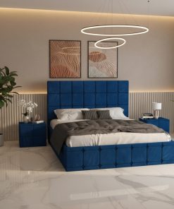 Pat Tapitat Titan Albastru Catifea Premium CU Noptiere Tapitate