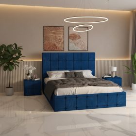 Pat Tapitat Titan Albastru Catifea Premium CU Noptiere Tapitate