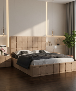 Pat Tapitat Titan Crem Catifea Premium cu Noptiere Tapitate