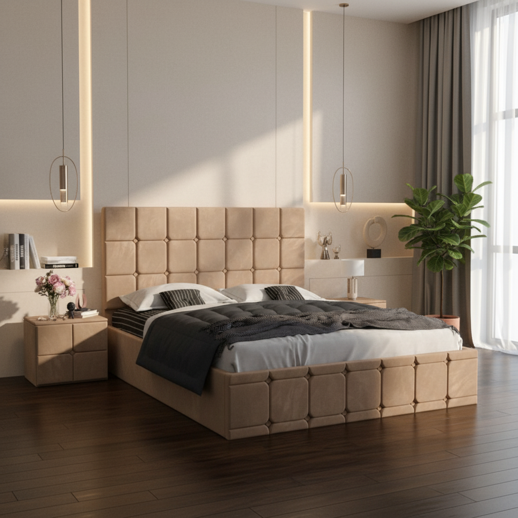 Pat Tapitat Titan Crem Catifea Premium cu Noptiere Tapitate