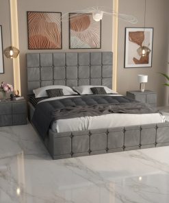 Pat Tapitat Titan Gri Catifea Premium cu Noptiere Tapitate