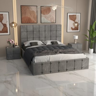 Pat Tapitat Titan Gri Catifea Premium cu Noptiere Tapitate